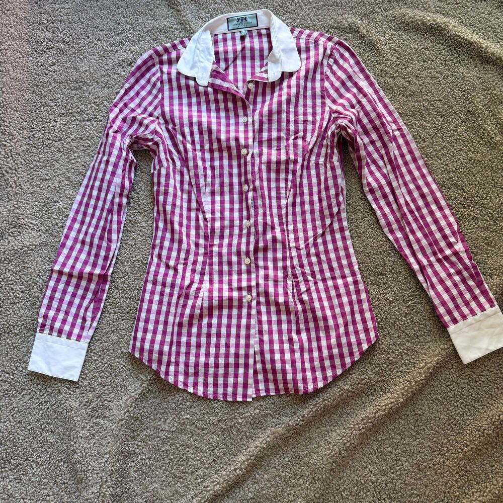 Hawes & Curtis London Women’s Fitted Button Up Fuschia Gingham Cuffed UK Sz 8